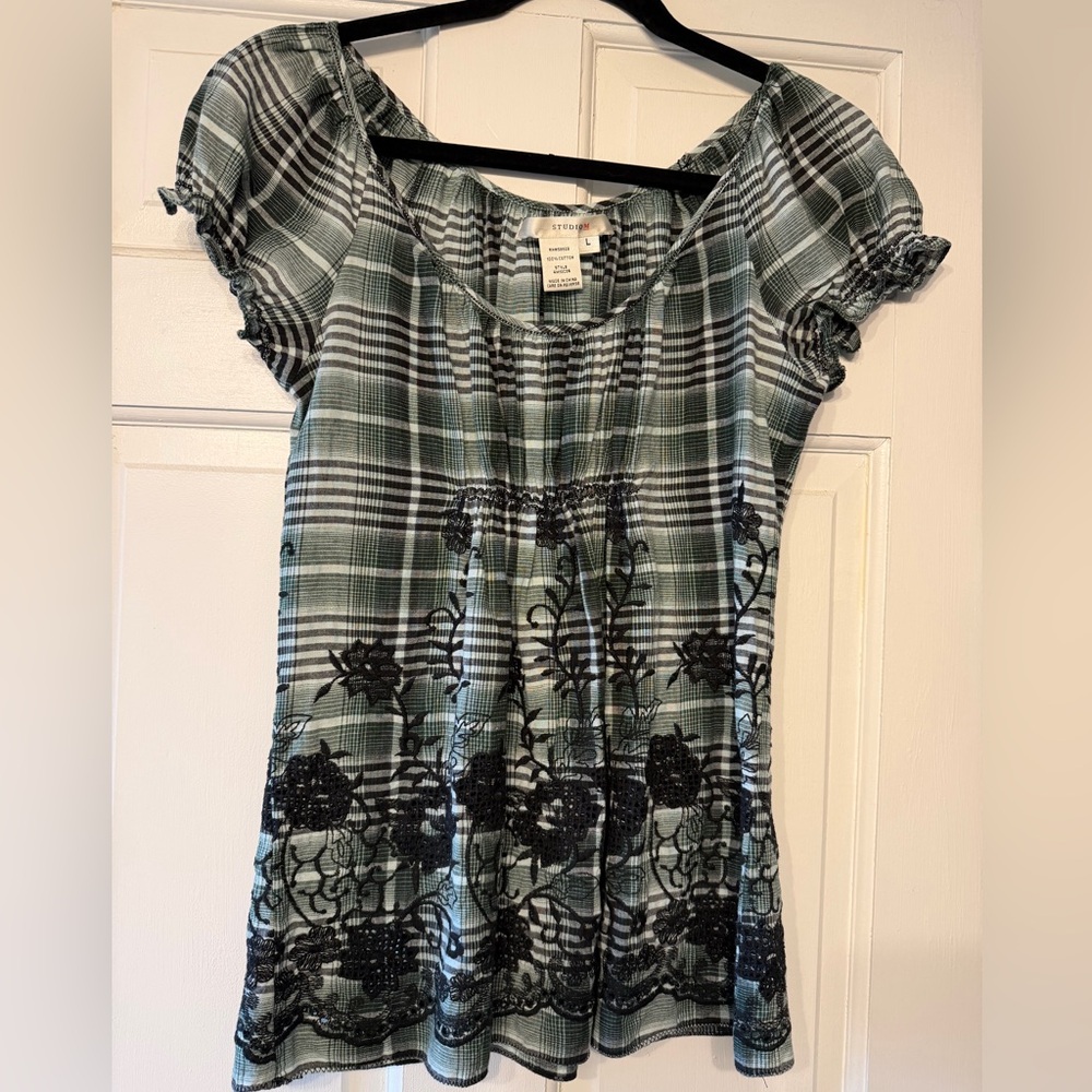 Studio M Green Plaid Short-Sleeve Top with Black Floral Embroidery